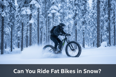 ilverback S-Electro Fat black electric fat bike riding through deep powder snow in a pine forest — Can You Ride Fat Bikes in Snow?