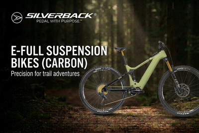 Green Silverback S-Electro Pro CF 1 carbon full-suspension electric mountain bike on a forest trail with carbon collection title and white Silverback logo