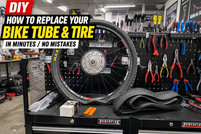 DIY guide: How to replace your bike tube and tire in minutes – mountain bike wheel on a workshop workbench with tools in the background, Silverback Bikes