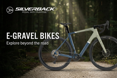 Silverback S-Electro Superfast electric gravel bike on a forest path with E-Gravel Bikes title and white Silverback logo