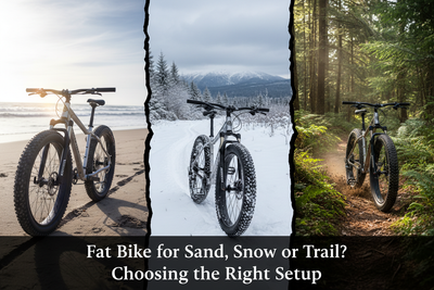 Fat bike on three terrains: sandy beach, snowy trail, and forest singletrack – Fat Bike Setup Guide | Silverback Bikes