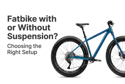 Blue Silverback SE:Series Fat Deluxe rigid-fork fatbike with suspension comparison title overlay.