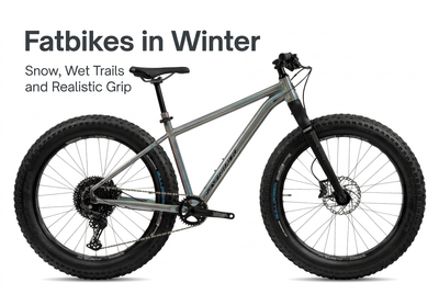 Silver Silverback SE:Series Fat Explorer with Fatbikes in Winter title overlay.