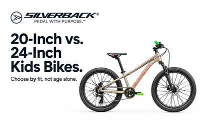Champagne-coloured Silverback Spyke 24 SE kids bike with green grips beside the 20-Inch vs. 24-Inch Kids Bikes heading and Silverback logo on white.