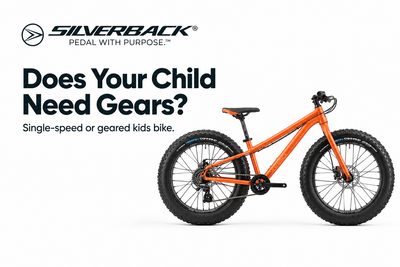 Orange youth fat bike from the Silverback SE Series Fat 24 product page beside the Does Your Child Need Gears heading and Silverback logo on white.