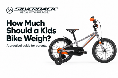 Grey Silverback Skid 16 Gen4 kids bike with orange grips beside the How Much Should a Kids Bike Weigh heading and Silverback logo on white.