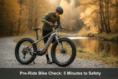  Cyclist performing a pre-ride safety check on a fat bike on a gravel path — Pre-Ride Bike Check