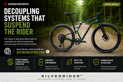 Silverback SilverRider alloy gravel bike on a forest gravel path, featured as a latest article on Autoevolution. Patent-pending S-Shape Skeletal Structure for rider comfort and control.