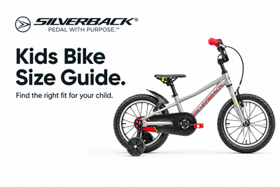 Grey Silverback Skid 16 kids bike beside the Kids Bike Size Guide heading and Silverback Pedal With Purpose logo on a white background.
