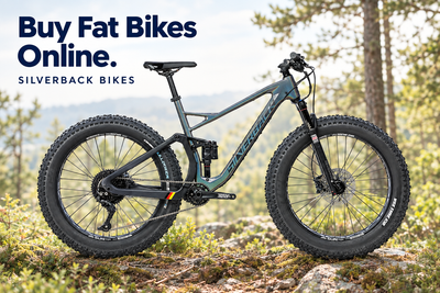 Silverback Synergy Fat full-suspension fat bike with “Buy Fat Bikes Online” heading and Silverback Bikes subtitle.
