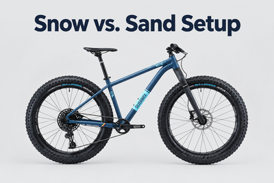 Navy-and-light-blue Silverback Scoop SX fat bike with the title Snow vs. Sand Setup.