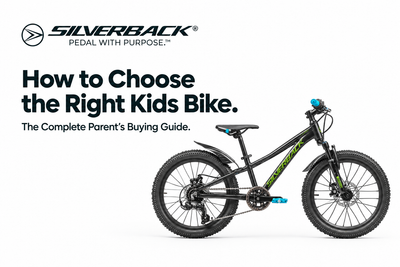 Black Silverback Spyke 20 kids mountain bike with lime lettering and turquoise details beside the kids bike buying guide heading and Silverback logo on white.