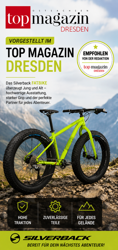 Silverback Fat Bike in Neongelb auf felsigem Berggelände – vorgestellt und empfohlen vom TOP Magazin Dresden. Hohe Traktion,