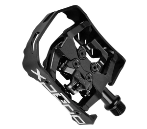 Xpedo Milo clipless pedal in black – product shot showing aluminium cage and SPD cleat mechanism
