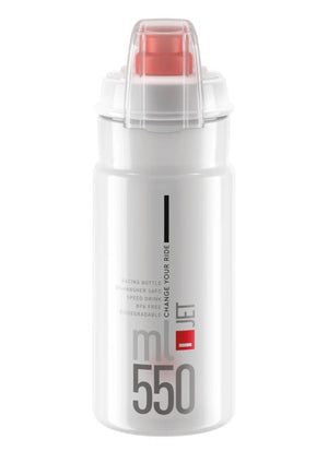 Elite Jet Plus 550ml cycling water bottle in clear/white with red push-pull cap and transparent dust cap – biodegradable polyethylene, Change Your Ride branding