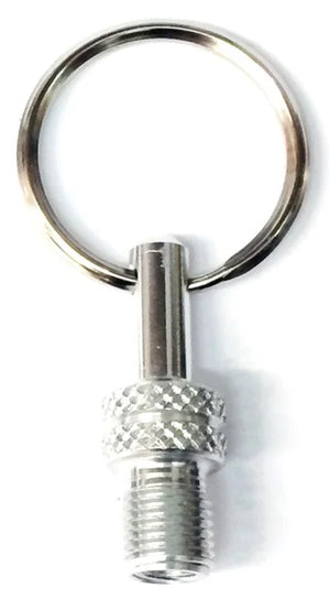 By Schulz valve adapter SV+DV to AV in silver anodised aluminium with keyring, showing knurled body, threaded Schrader fitting and integrated valve key tool
