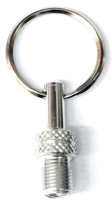 By Schulz valve adapter SV+DV to AV in silver anodised aluminium with keyring, showing knurled body, threaded Schrader fitting and integrated valve key tool
