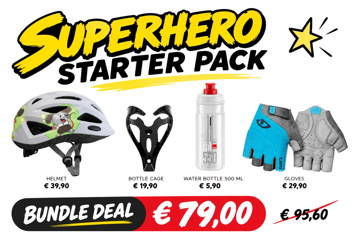 Kids Superhero Starter Pack featuring a helmet, gloves, and cycling accessories. 1