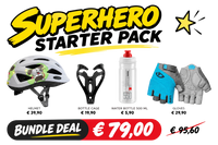 Kids Superhero Starter Pack featuring a helmet, gloves, and cycling accessories. 1