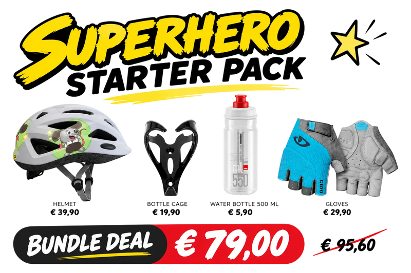 Kids Superhero Starter Pack featuring a helmet, gloves, and cycling accessories.