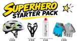 Kids Superhero Starter Pack includes helmet, gloves, bottle cage, and water bottle for cycling fun. 3