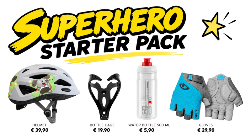 Kids Superhero Starter Pack includes helmet, gloves, bottle cage, and water bottle for cycling fun.