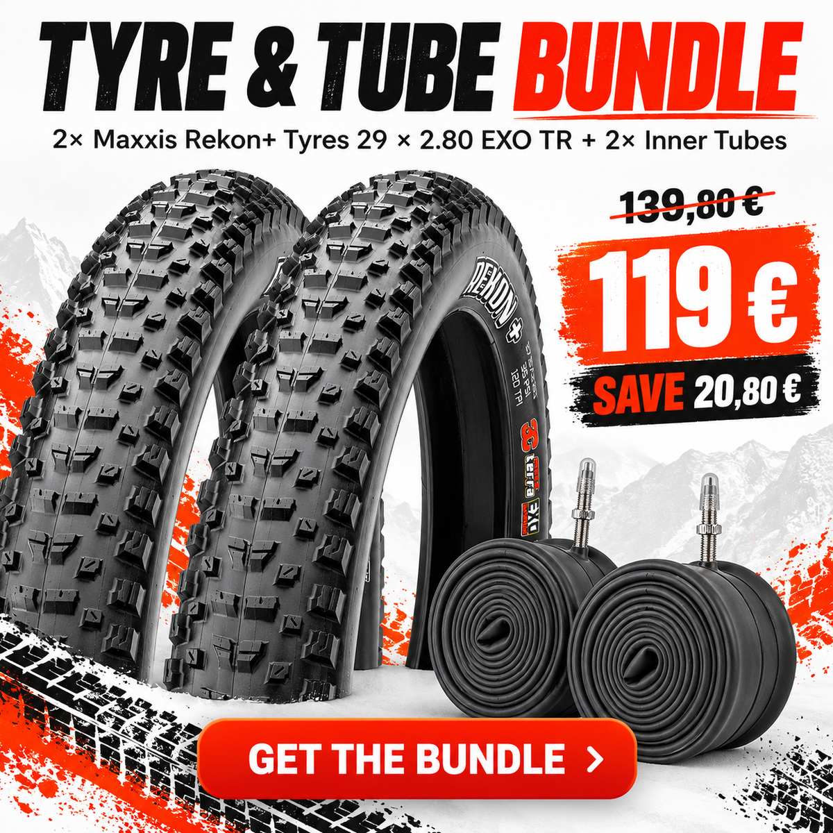 Maxxis Rekon+ 29x2.80 EXO TR tyre bundle with two inner tubes for mountain biking. 1