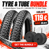 Maxxis Rekon+ 29x2.80 EXO TR tyre bundle with two inner tubes for mountain biking.
