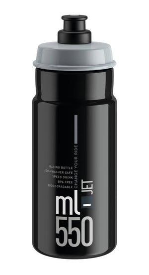 Elite Jet 550ml water bottle in black with grey push-pull cap – biodegradable cycling bottle