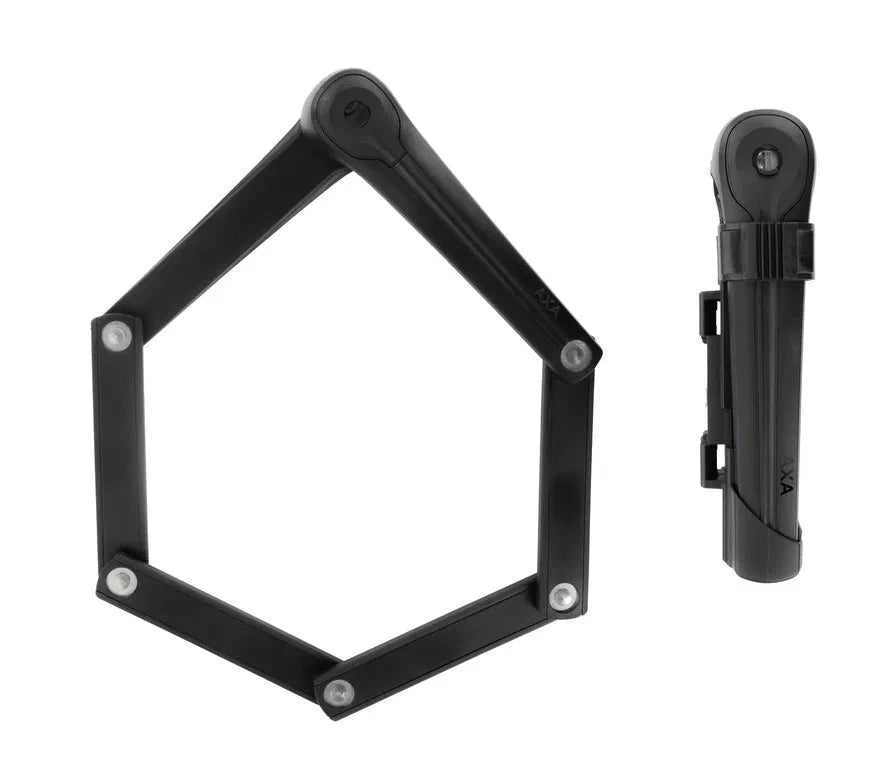 AXA Fold 85cm bike lock in black, showcasing design and mounting options.