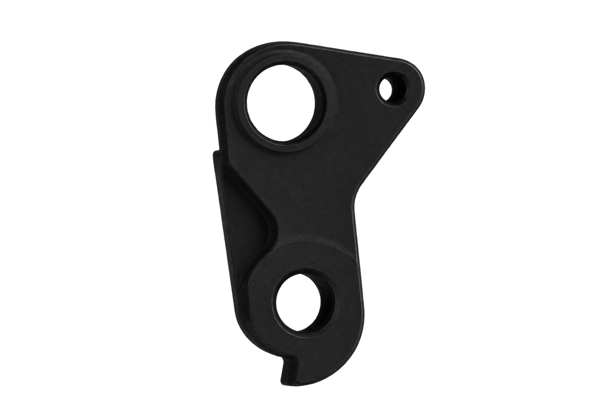 A matte black metal bracket or mounting piece with two circular cutouts, shown on a plain white background. 3