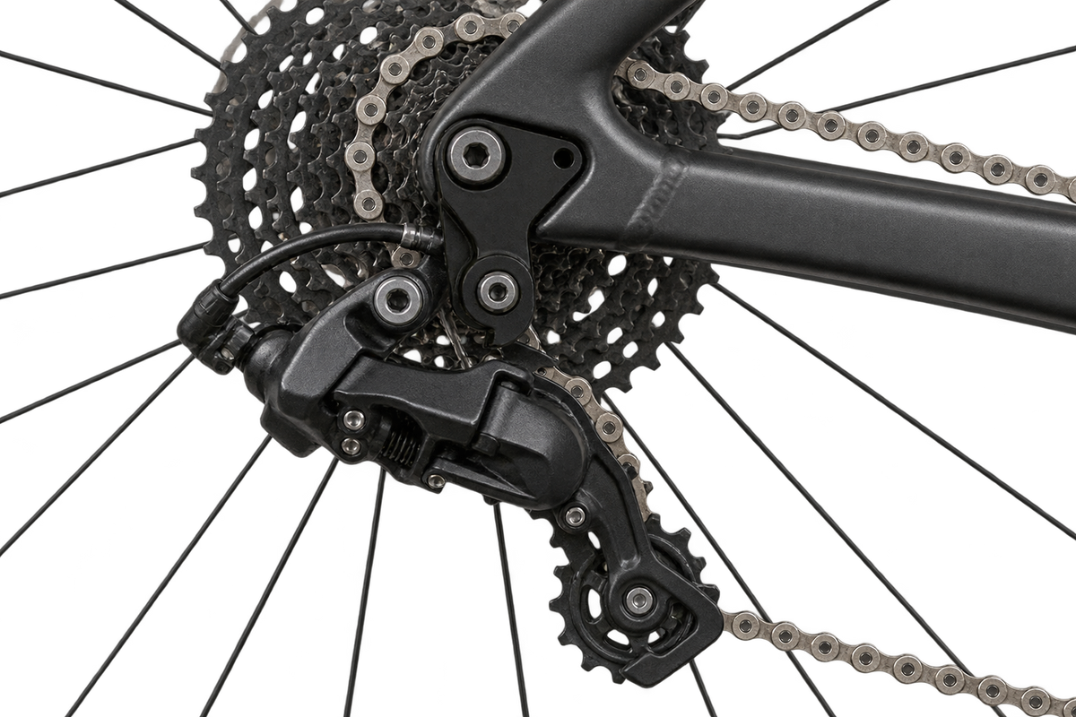 Close-up of a bicycle rear derailleur and cassette with chainring and chain, shown on a white background. 2