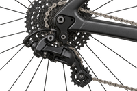 Close-up of a bicycle rear derailleur and cassette with chainring and chain, shown on a white background. 2