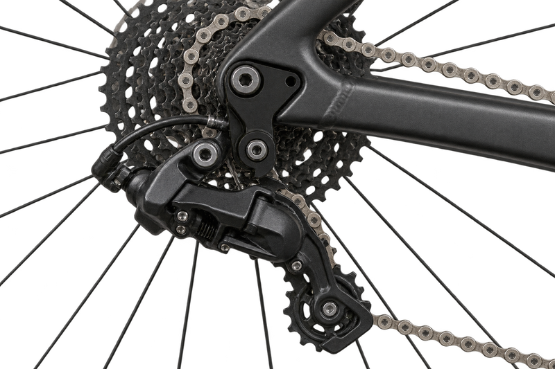 Close-up of a bicycle rear derailleur and cassette with chainring and chain, shown on a white background.