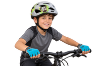 Illustrative young cyclist wearing the Space Sam helmet and cycling gloves 4