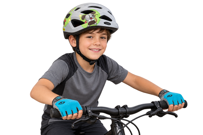 Illustrative young cyclist wearing the Space Sam helmet and cycling gloves