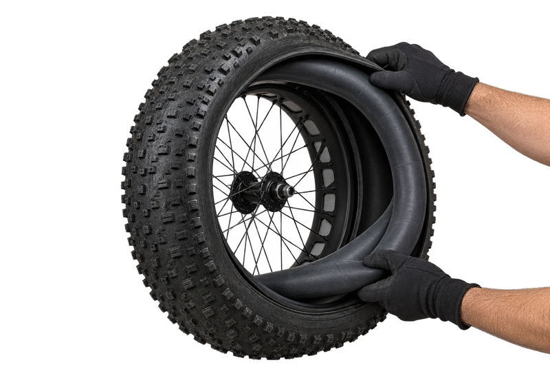 Illustration of gloved hands fitting a fatbike inner tube into a Vee Bulldozer tyre