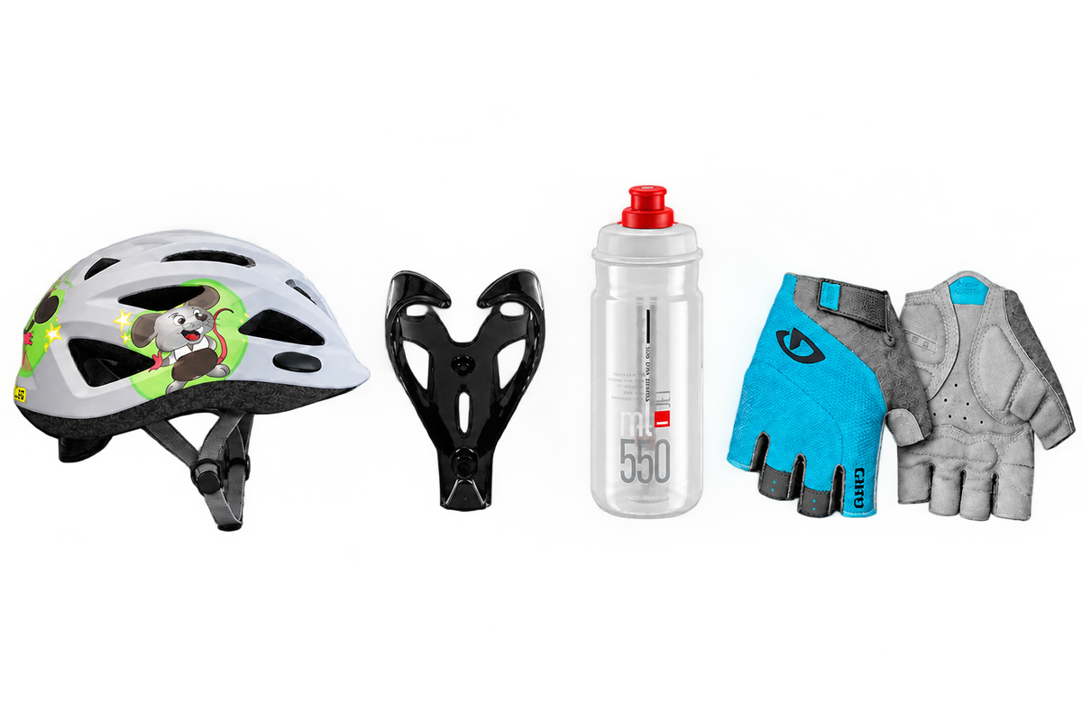 Superhero Starter Pack helmet, bottle cage, bottle and gloves, product cutout 2
