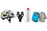 Superhero Starter Pack helmet, bottle cage, bottle and gloves, product cutout