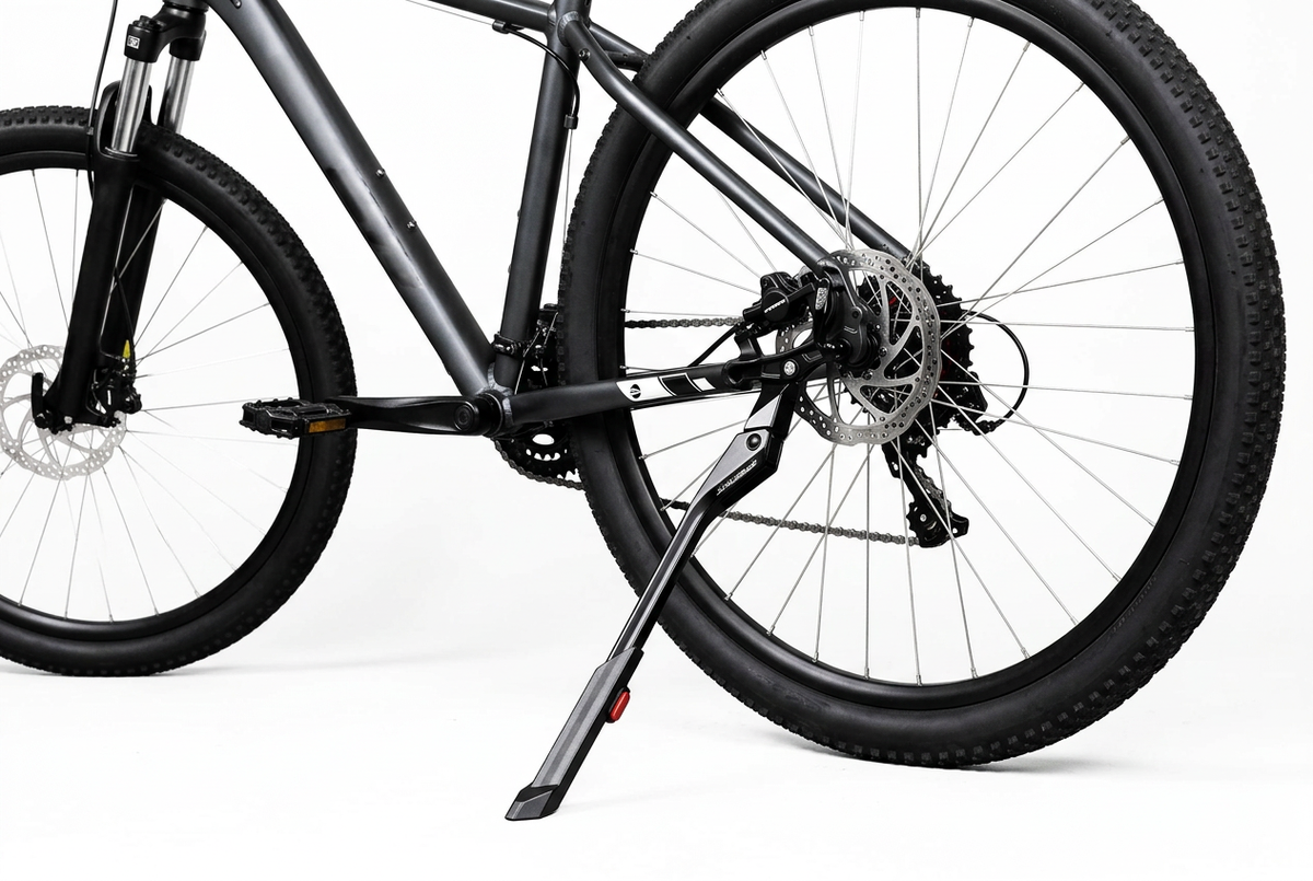Close-up of a dark gray mountain bike with its kickstand deployed, showing the rear wheel, disc brake, chainring, and frame against a clean white background. 4