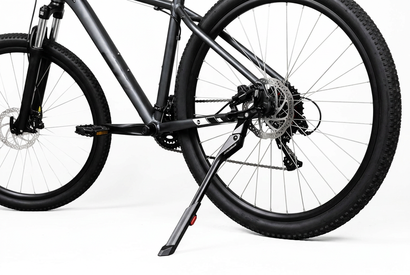 Close-up of a dark gray mountain bike with its kickstand deployed, showing the rear wheel, disc brake, chainring, and frame against a clean white background.