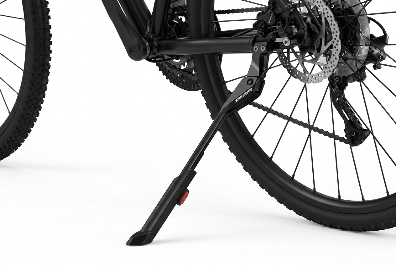 Close-up of a bicycle's rear wheel and black kickstand on a clean white background, showing the stand supporting the frame near the wheel hub.