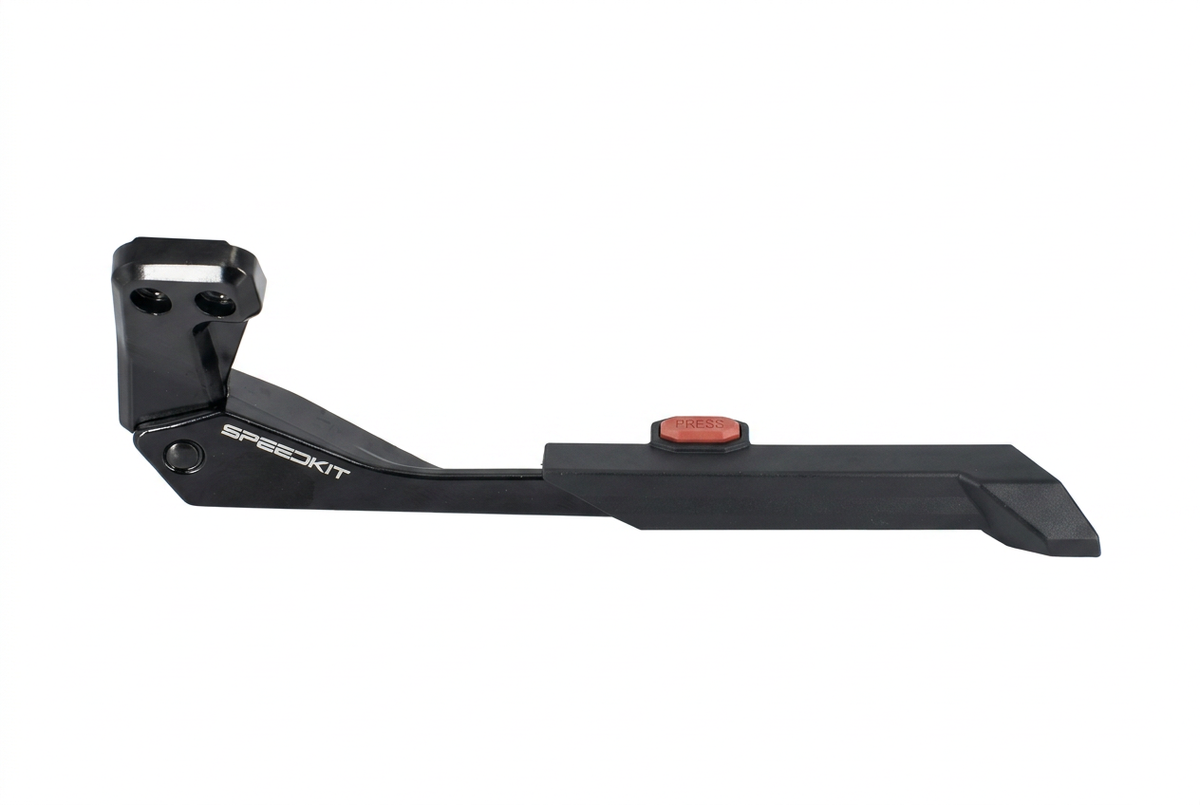 A black Speedkit long gun stock buttstock insert with a red button and white logo, shown on a plain white background. 3