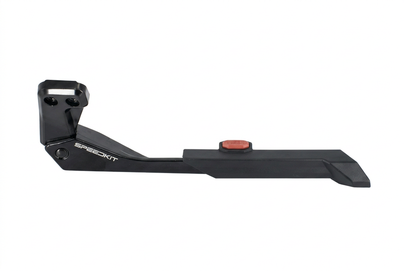 A black Speedkit long gun stock buttstock insert with a red button and white logo, shown on a plain white background.